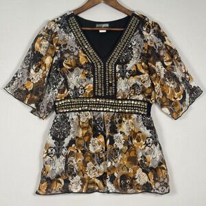 J.T.B. Blouse Women Brown Floral Y2K Studded Boho Indie Sleaze Excellent